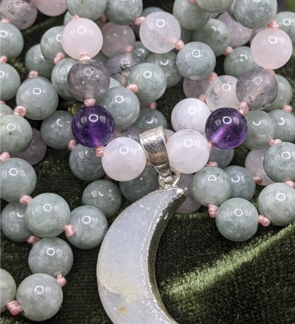 Burma Jade Rose Quartz Moon Mala - Image 3